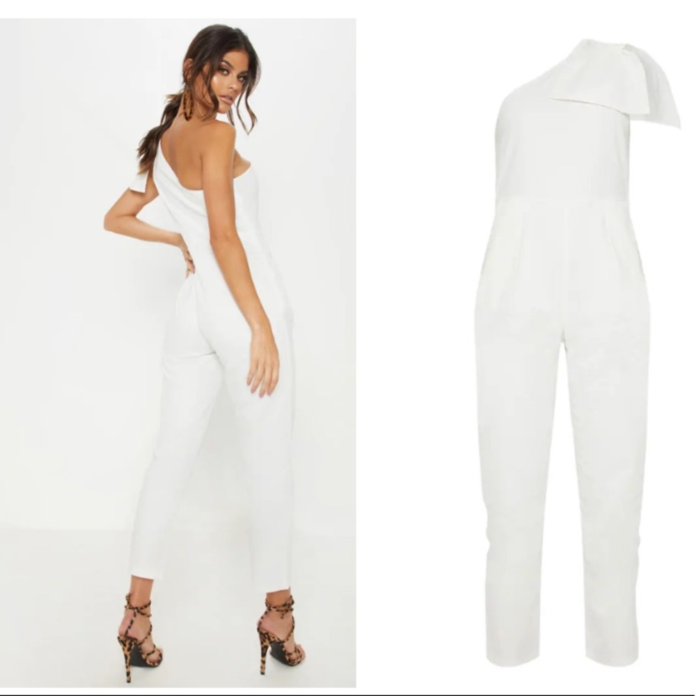 white one shoulder woven sleeveless jumpsuit